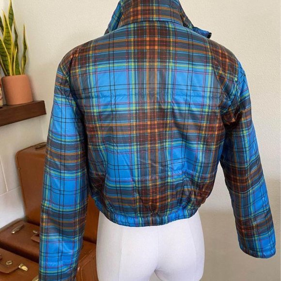 Wild Fable Blue Plaid 70s Style Retro Puffer Jacke - Picture 7 of 8